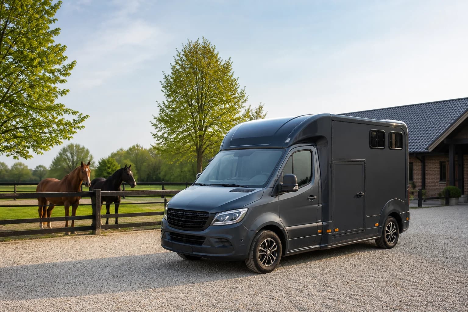 Paardenauto volledig zichtbaar op een lichte paardenlocatie
